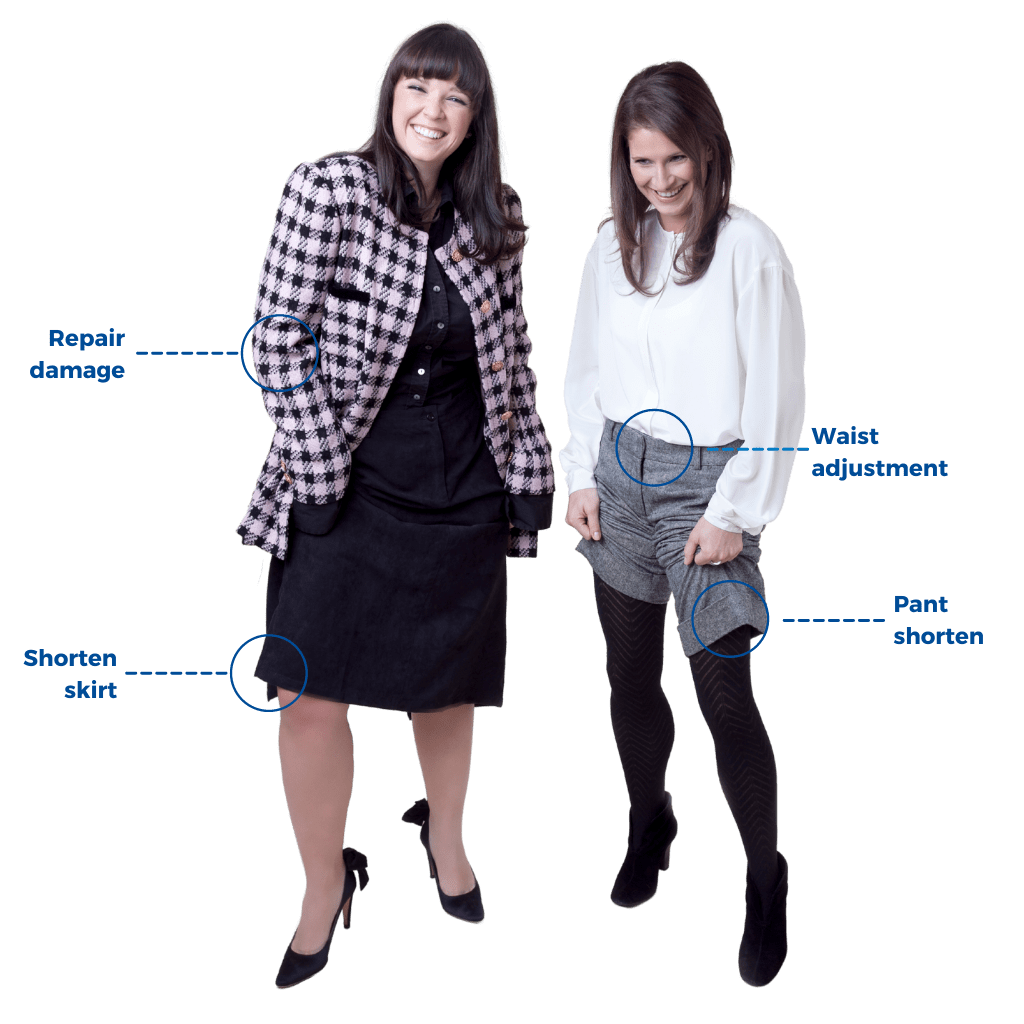An image that features two women smiling next to each other. Next to these women is a series of clothing restyling options that include: "Repair damage", "Shorten skirt", "Waist adjustment", and "Pant shorten"