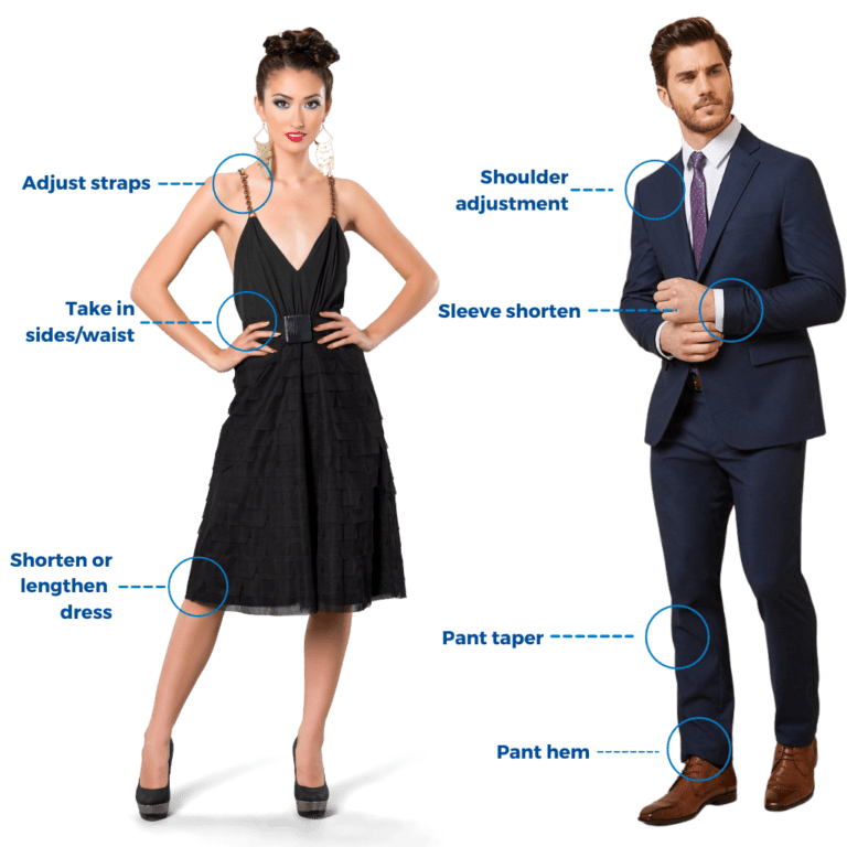 An example of formalwear alterations that men & women can get at Stitch It locations. For women that includes: adjust straps, take in sides/waist/shorten or lengthen dress. For the men that includes: shoulder adjustment, sleeve shorten, pant taper, pant hem.