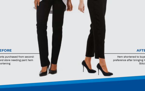 A photo showing a before and after of women's pants. The before side of the image shows pants purchased from a second-hand store that needs pant hem shortening. The after side of the image shows the same pants but with the hem shortened to the buyer's preference.