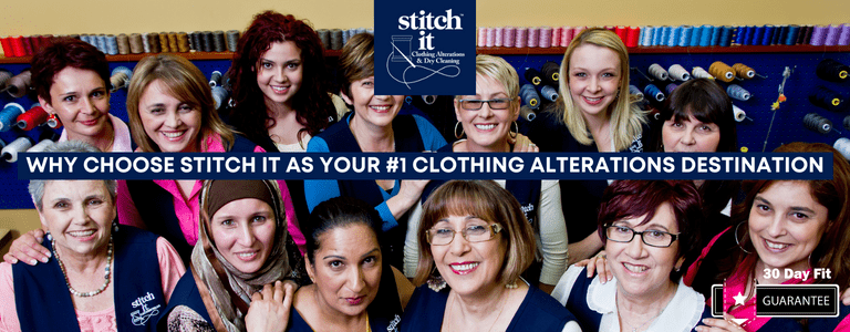Many Stitch It associates smiling for a picture. There is text overtop of the image that reads: "WHY CHOOSE STITCH IT AS YOUR #1 CLOTHING ALTERATIONS DESTINATION"