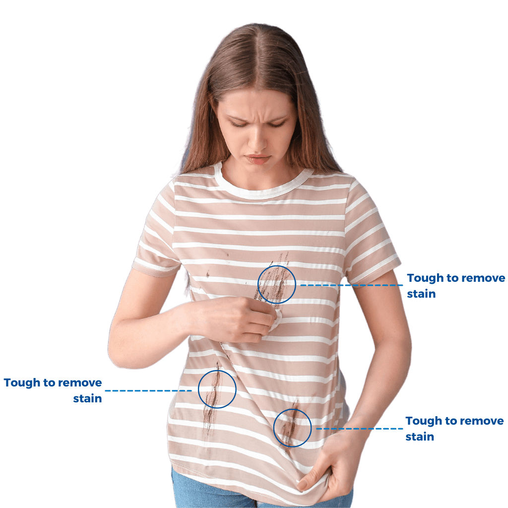 A photo of a woman wearing a shirt with multiple stains on it. On this image are circles pointing out where the different stains are.