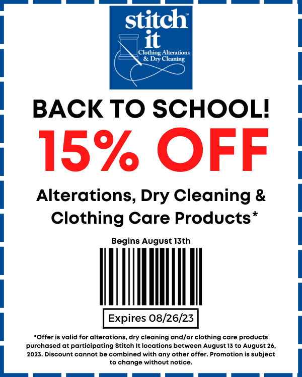 A coupon for 15% off clothing alterations, dry cleaning, and clothing care products valid from August 13 until August 26th,
